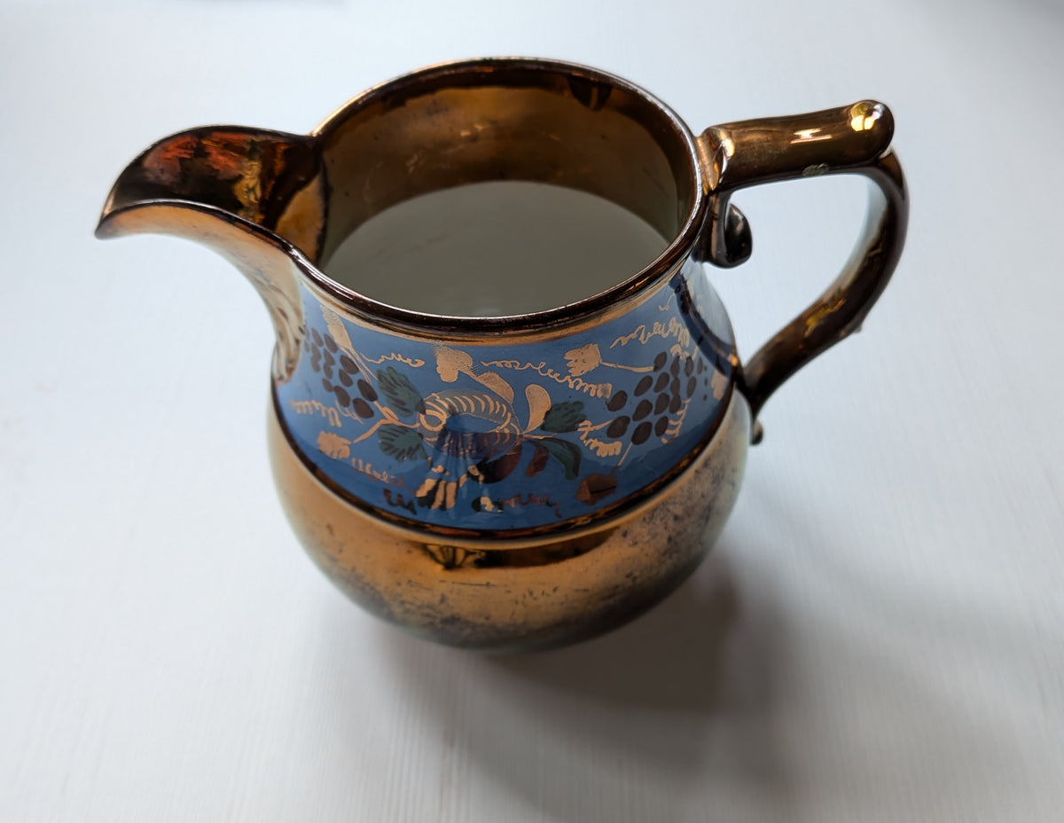 Vintage Staffordshire Pottery Copper + Blue Floral Pattern Lustreware Pitcher