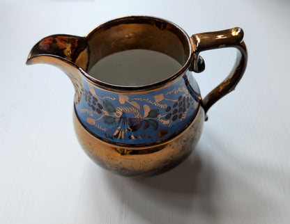 Vintage Staffordshire Pottery Copper + Blue Floral Pattern Lustreware Pitcher