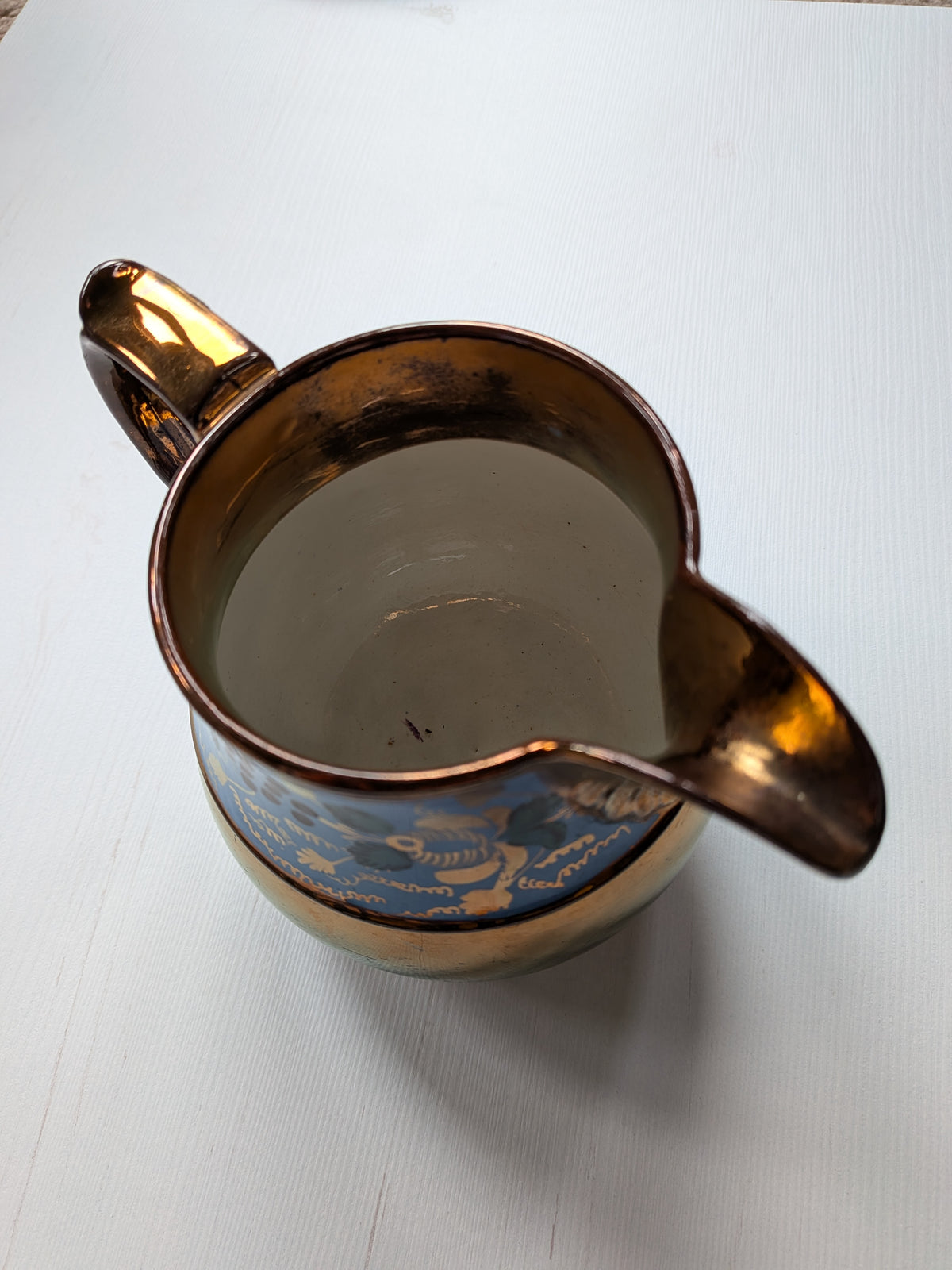 Vintage Staffordshire Pottery Copper + Blue Floral Pattern Lustreware Pitcher