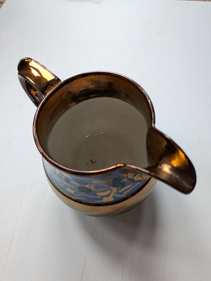 Vintage Staffordshire Pottery Copper + Blue Floral Pattern Lustreware Pitcher