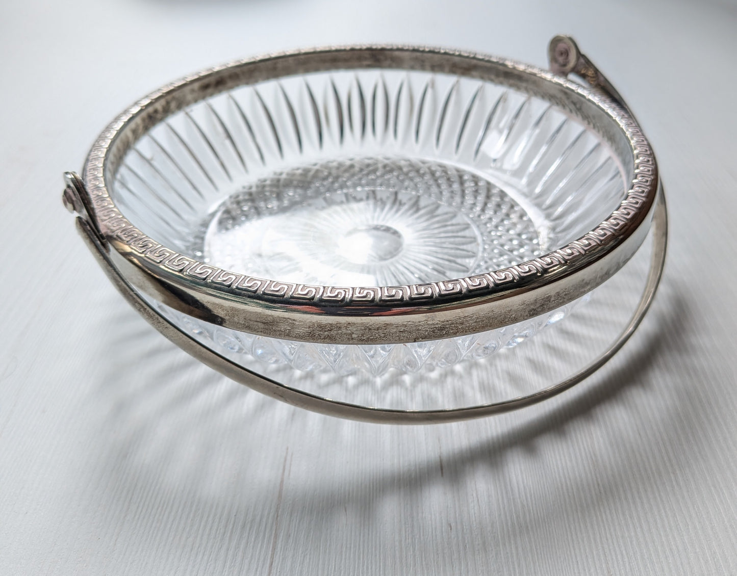 Vintage Glass Serving Bowl with Metal Greek Key and Handle - 1930s Approx