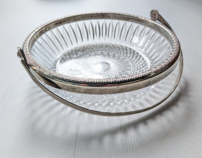 Vintage Glass Serving Bowl with Metal Greek Key and Handle - 1930s Approx