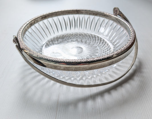 Vintage Glass Serving Bowl with Metal Greek Key and Handle - 1930s Approx