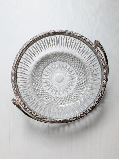 Vintage Glass Serving Bowl with Metal Greek Key and Handle - 1930s Approx