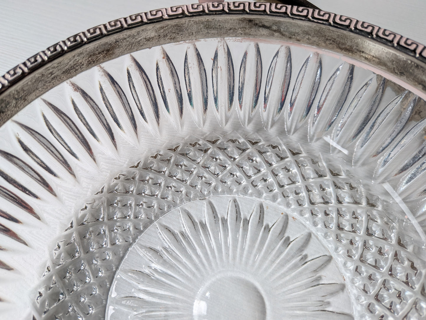 Vintage Glass Serving Bowl with Metal Greek Key and Handle - 1930s Approx