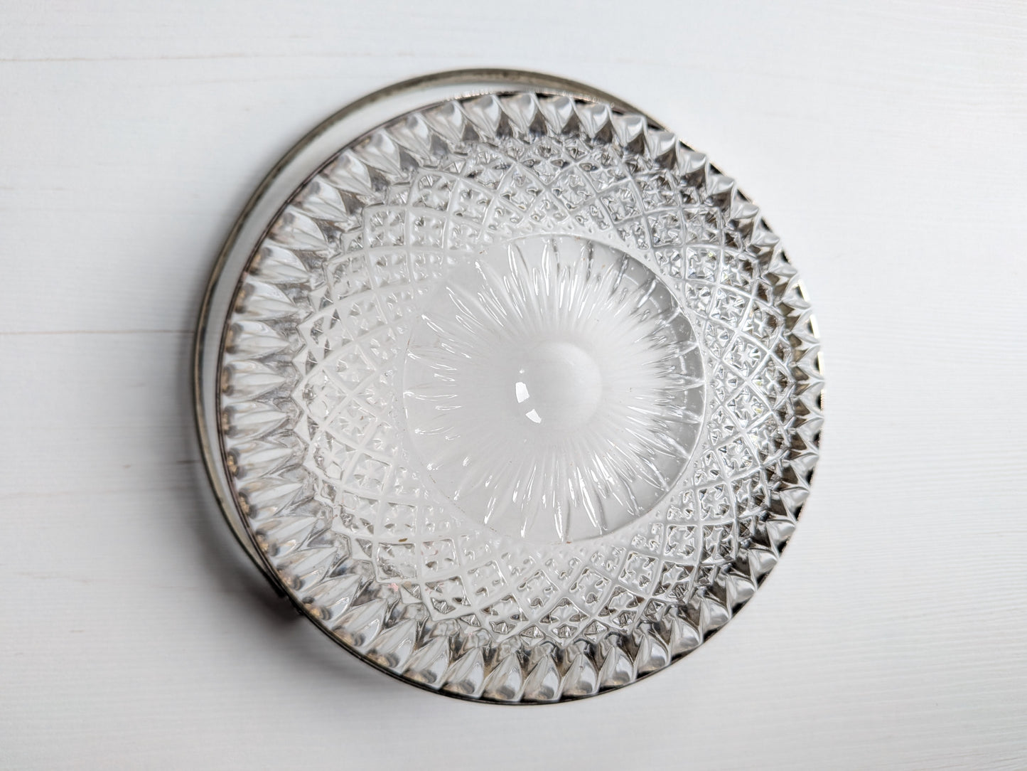 Vintage Glass Serving Bowl with Metal Greek Key and Handle - 1930s Approx
