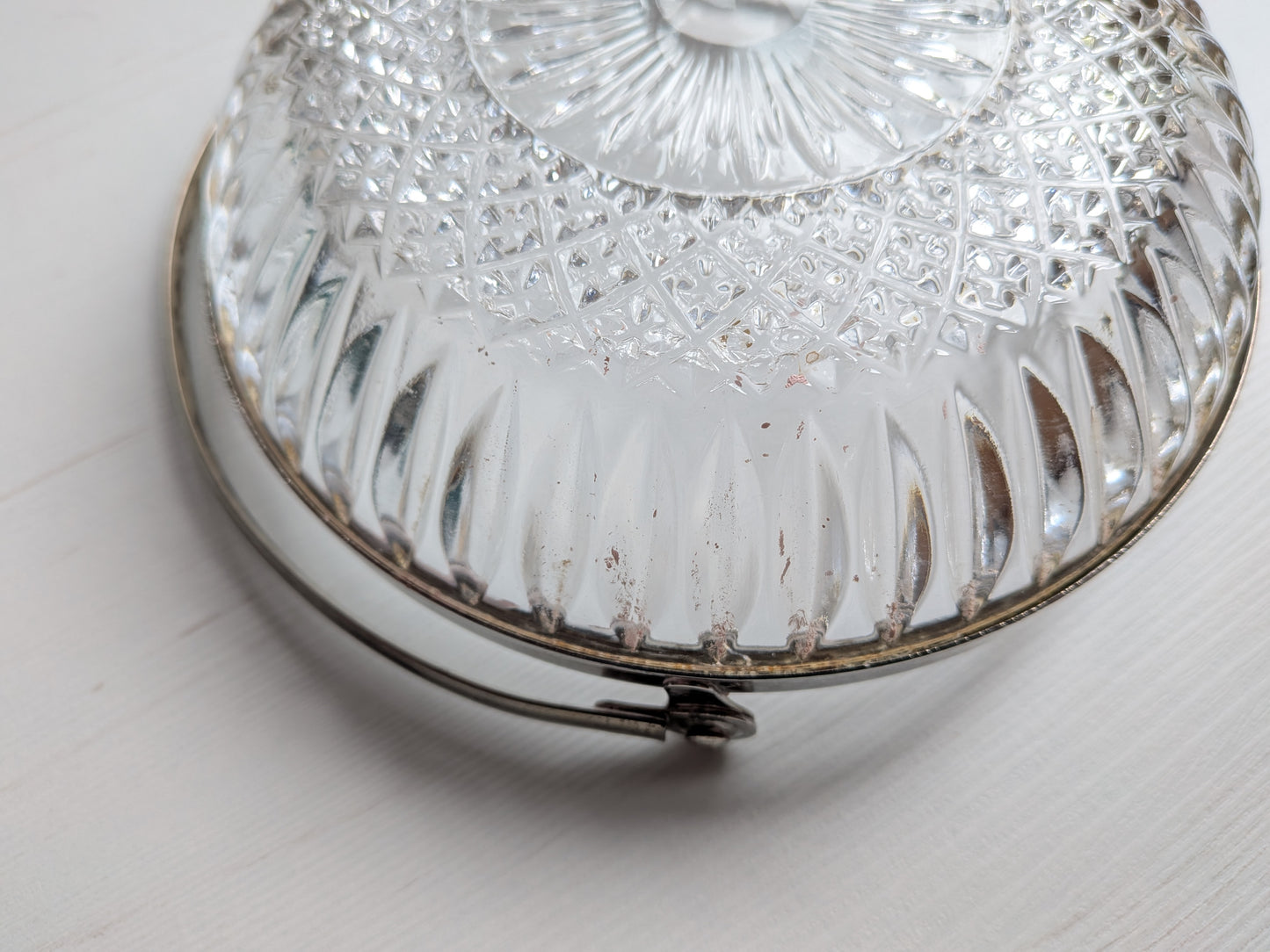 Vintage Glass Serving Bowl with Metal Greek Key and Handle - 1930s Approx