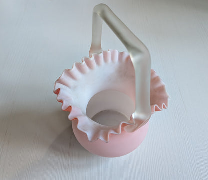 Antique Pink Frosted Cased Glass Basket Vase - Late 19th Century Approx