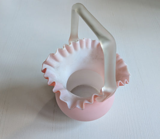 Antique Pink Frosted Cased Glass Basket Vase - Late 19th Century Approx
