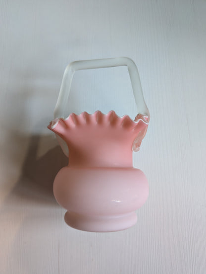 Antique Pink Frosted Cased Glass Basket Vase - Late 19th Century Approx