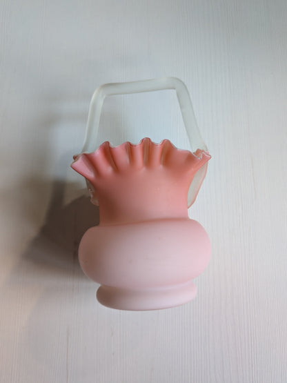 Antique Pink Frosted Cased Glass Basket Vase - Late 19th Century Approx