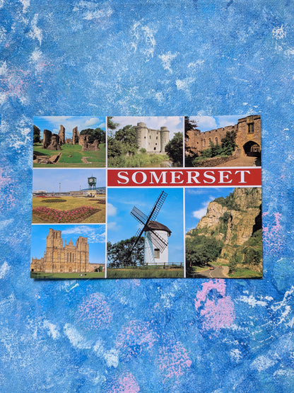 Vintage Somerset Postcard - Glastonbury Abbey, Nunney Castle + More - Salmon Cameracolour