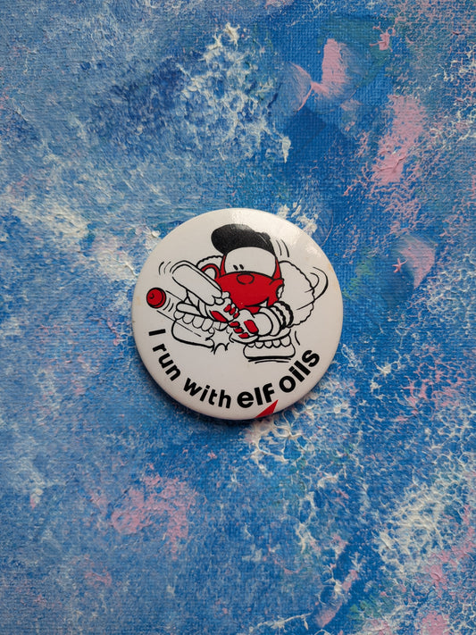 Vintage Cricket Cartoon Badge "I Run With Elf Oils"