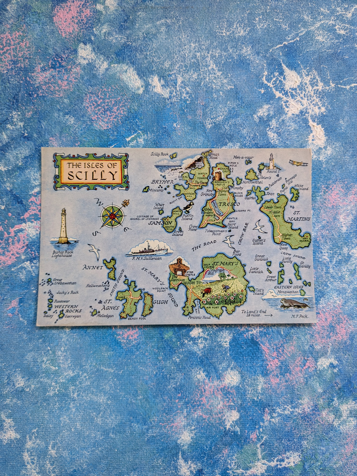 Vintage The Isles of Scilly Map Postcard - Salmon Watercolour Series 4637