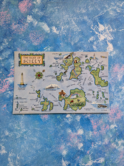 Vintage The Isles of Scilly Map Postcard - Salmon Watercolour Series 4637