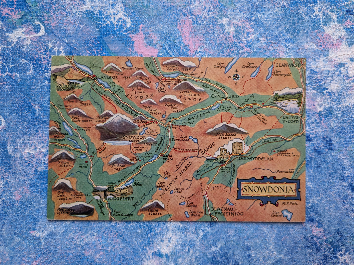 Vintage Snowdonia Map Postcard - Salmon Watercolour Series 4644