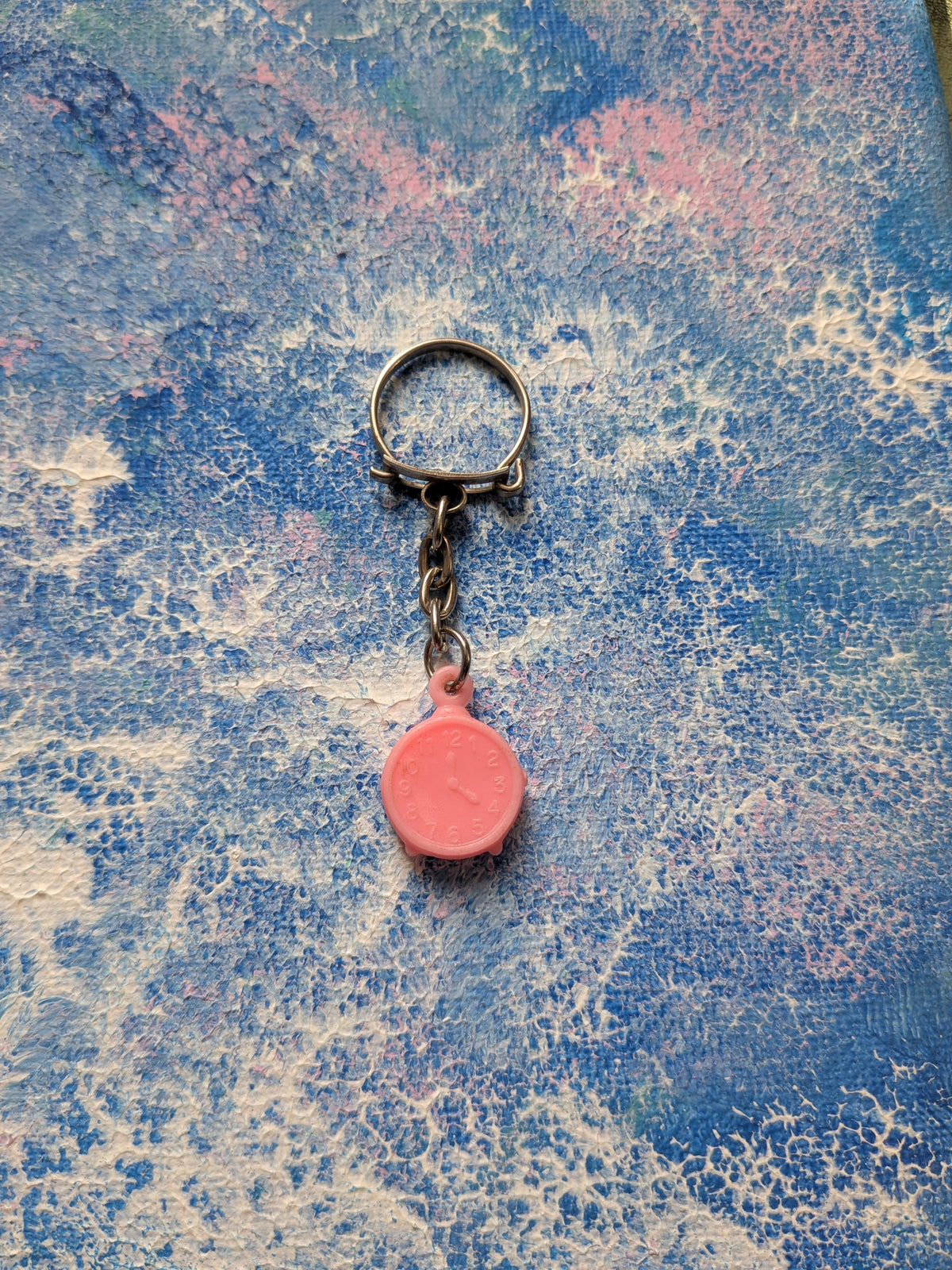 Vintage Pink Clock/Smiley Face Plastic Keyring