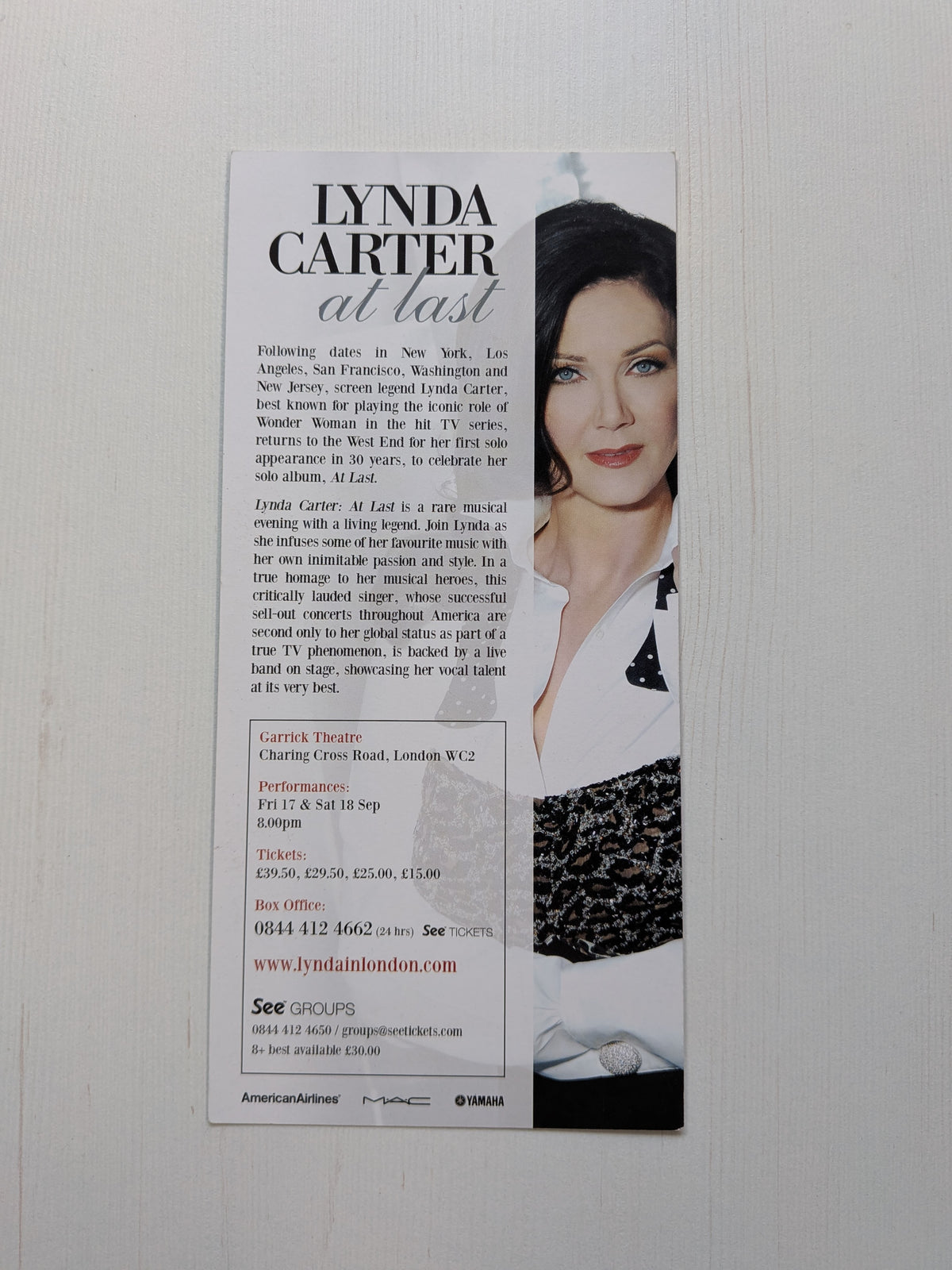 Lynda Carter:At Last Concert September 2010 Promo Flyer - London Garrick Theatre
