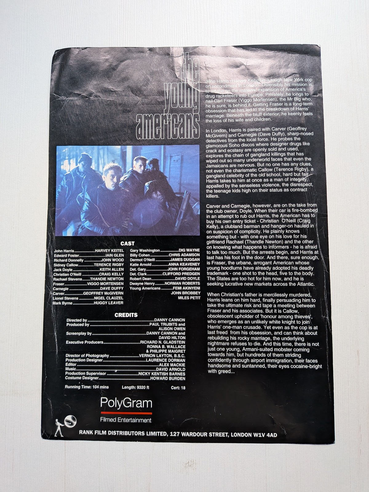 The Young Americans 1993 Harvey Keitel Movie - Press Kit Synopsis/Cast List
