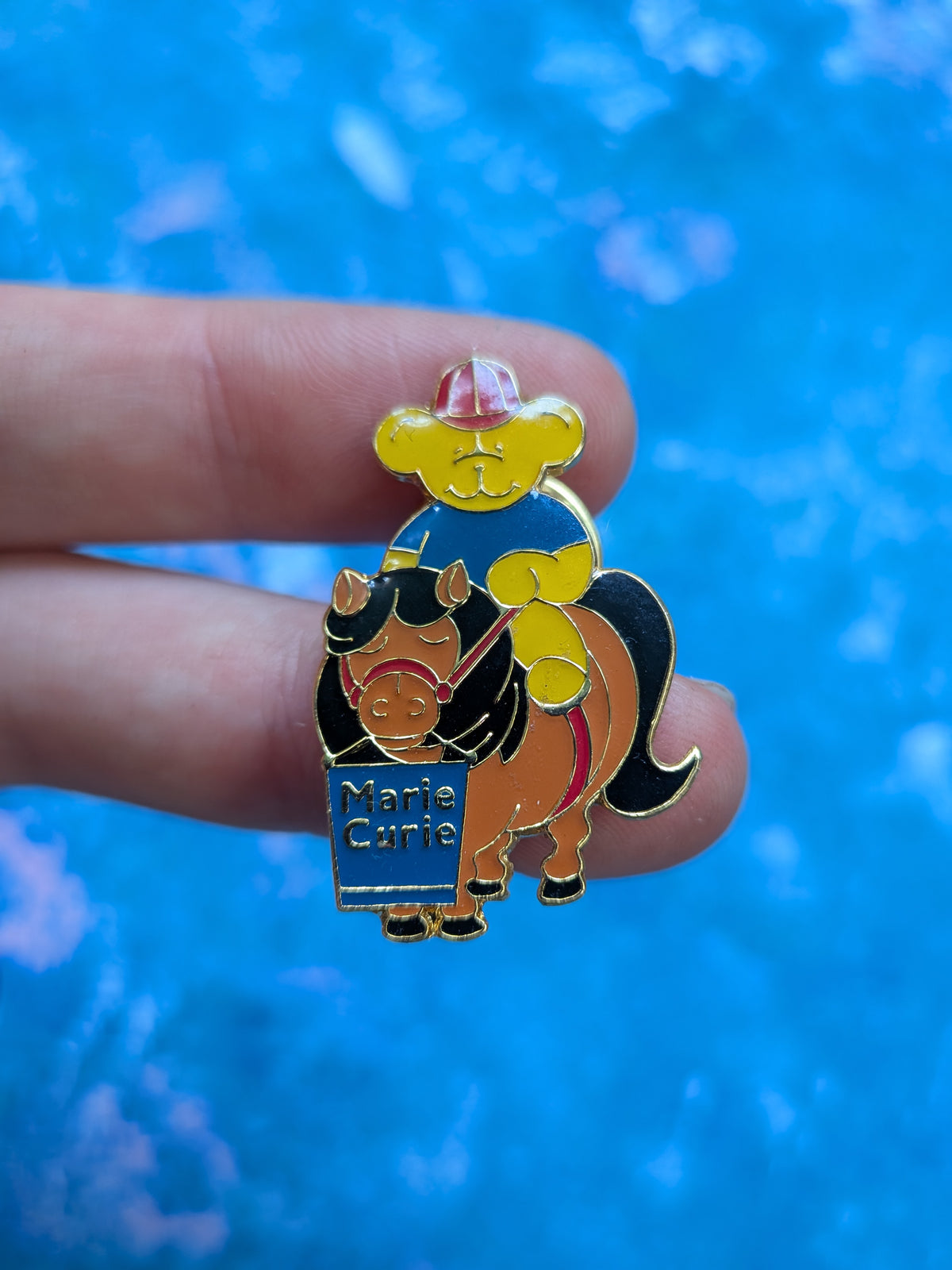 Vintage Marie Curie Teddy Bear on Horse Enamel Pin Badge