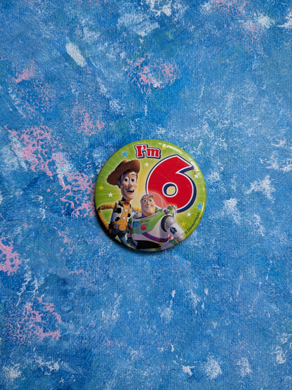 Vintage Toy Story Woody and Buzz 6th Birthday Badge - 1990s - Disney/Pixar