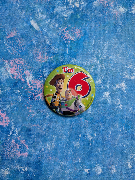 Vintage Toy Story Woody and Buzz 6th Birthday Badge - 1990s - Disney/Pixar