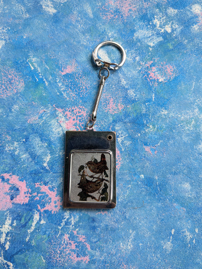 Vintage Metal Bird-Patterned Address Book Keyring/Keychain - 1970s Approx