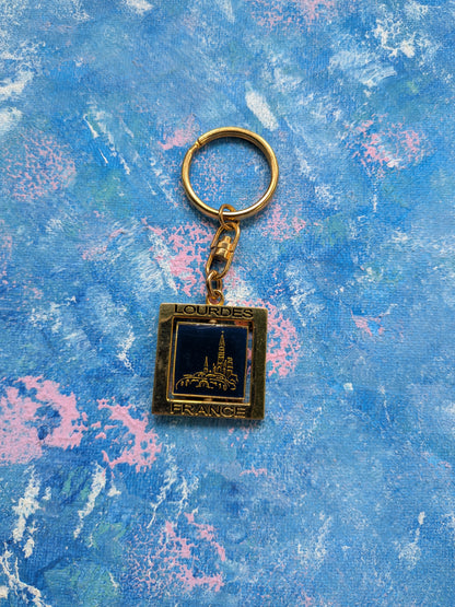 Vintage Lourdes France Gold and Blue Metal Souvenir Keyring