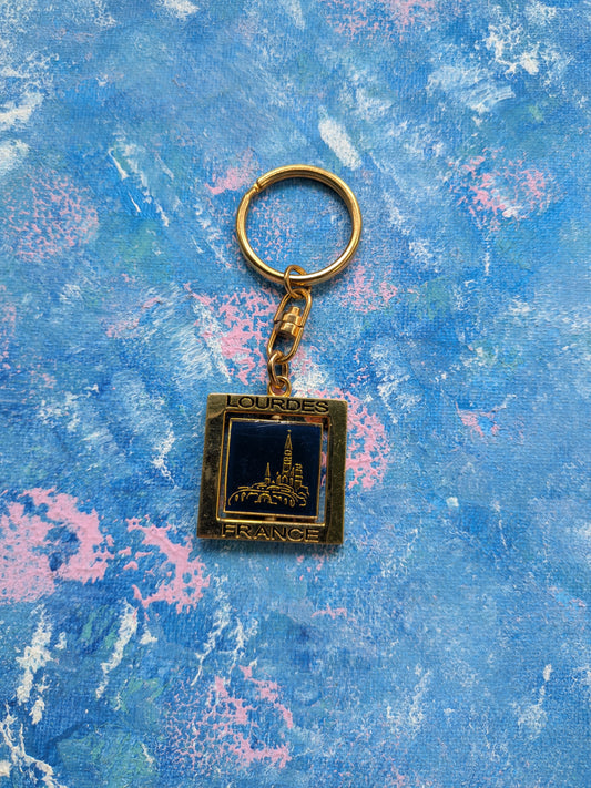 Vintage Lourdes France Gold and Blue Metal Souvenir Keyring