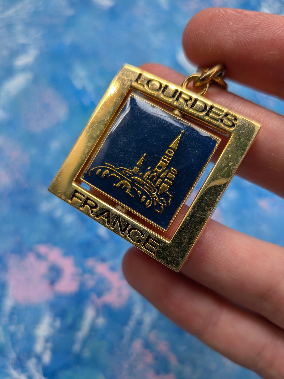 Vintage Lourdes France Gold and Blue Metal Souvenir Keyring