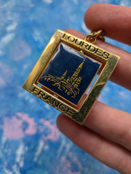 Vintage Lourdes France Gold and Blue Metal Souvenir Keyring