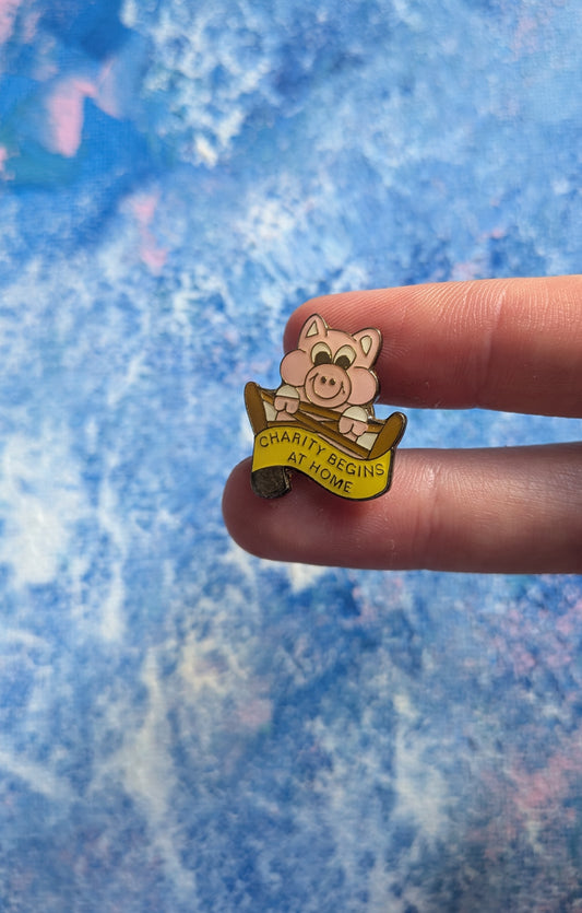 Vintage Charity Begins At Home Cartoon Pig Enamel Pin Badge