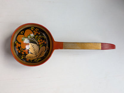 Vintage Russian Khokhloma Lacquered Wooden Spoon, Leaves and Strawberries Design