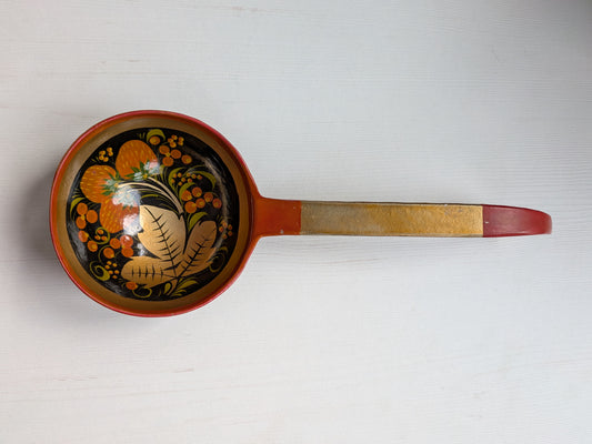 Vintage Russian Khokhloma Lacquered Wooden Spoon, Leaves and Strawberries Design