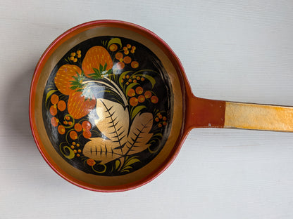 Vintage Russian Khokhloma Lacquered Wooden Spoon, Leaves and Strawberries Design