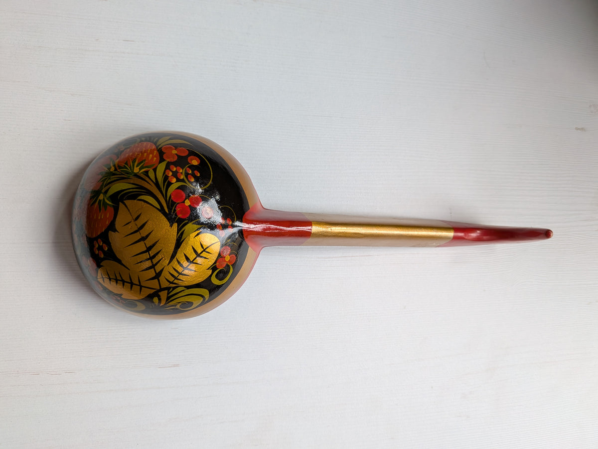 Vintage Russian Khokhloma Lacquered Wooden Spoon, Leaves and Strawberries Design