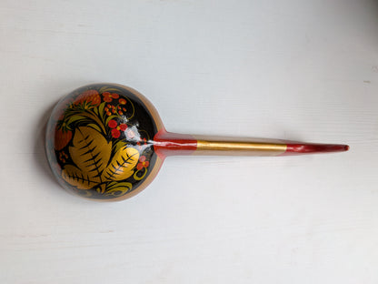 Vintage Russian Khokhloma Lacquered Wooden Spoon, Leaves and Strawberries Design