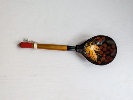 Vintage Russian Khokhloma Wooden Spoon - Leaves and Berries Design