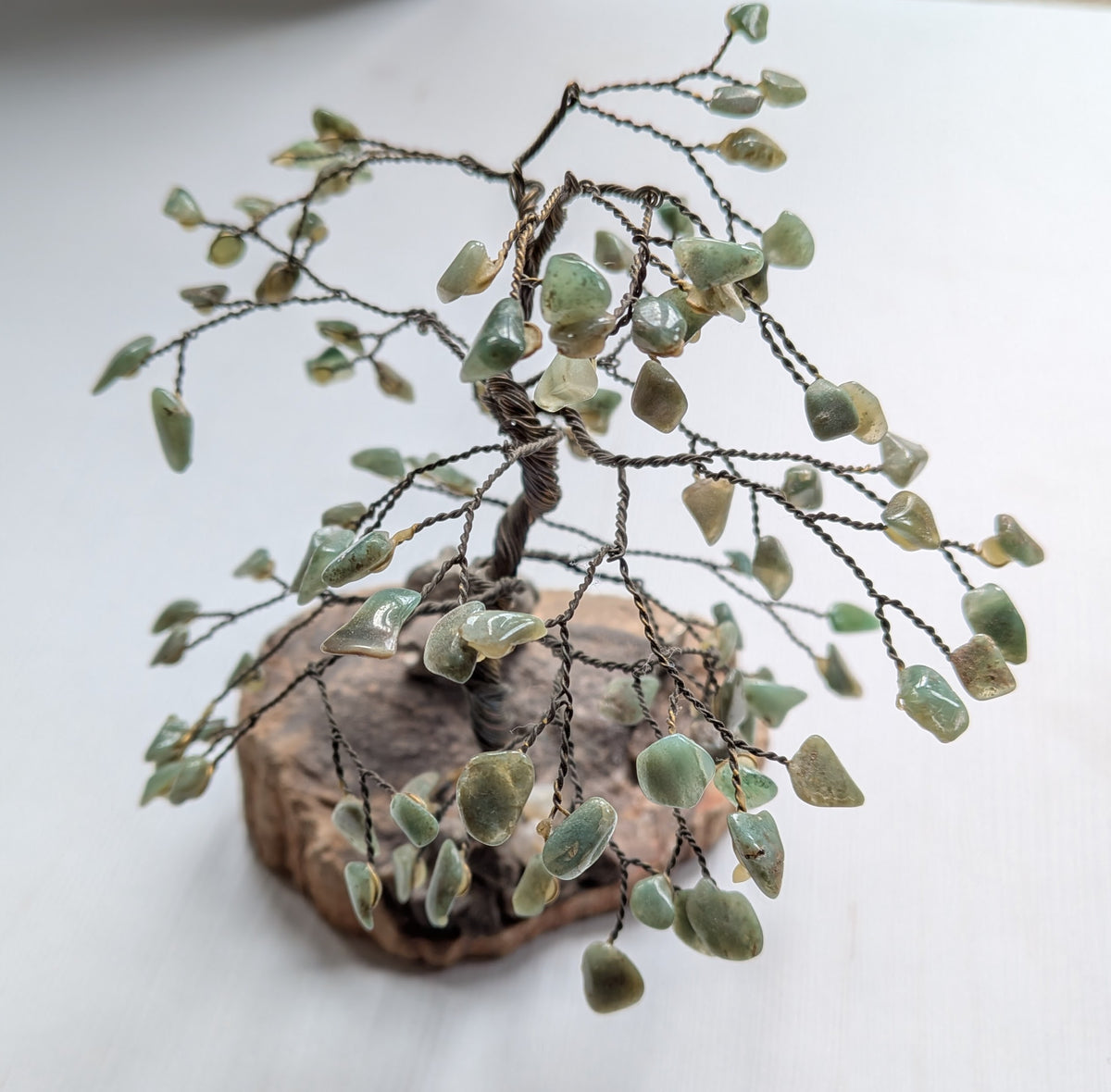 Green Gemstone Wire Bonsai Tree on Stone Base with Elephant + Monkey