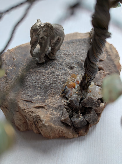 Green Gemstone Wire Bonsai Tree on Stone Base with Elephant + Monkey