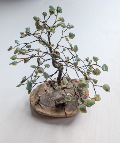 Green Gemstone Wire Bonsai Tree on Stone Base with Elephant + Monkey