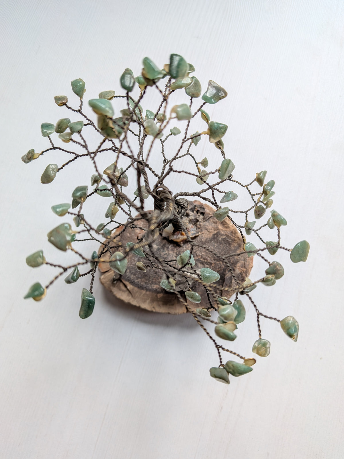Green Gemstone Wire Bonsai Tree on Stone Base with Elephant + Monkey