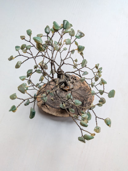Green Gemstone Wire Bonsai Tree on Stone Base with Elephant + Monkey