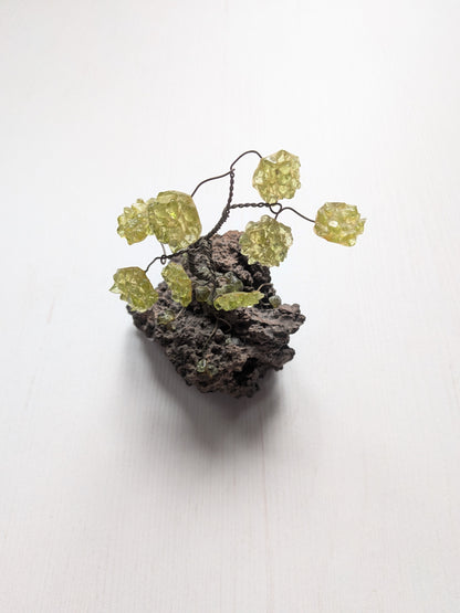 Green Gemstone Miniature Bonsai Wire Sculpture on Rock Base