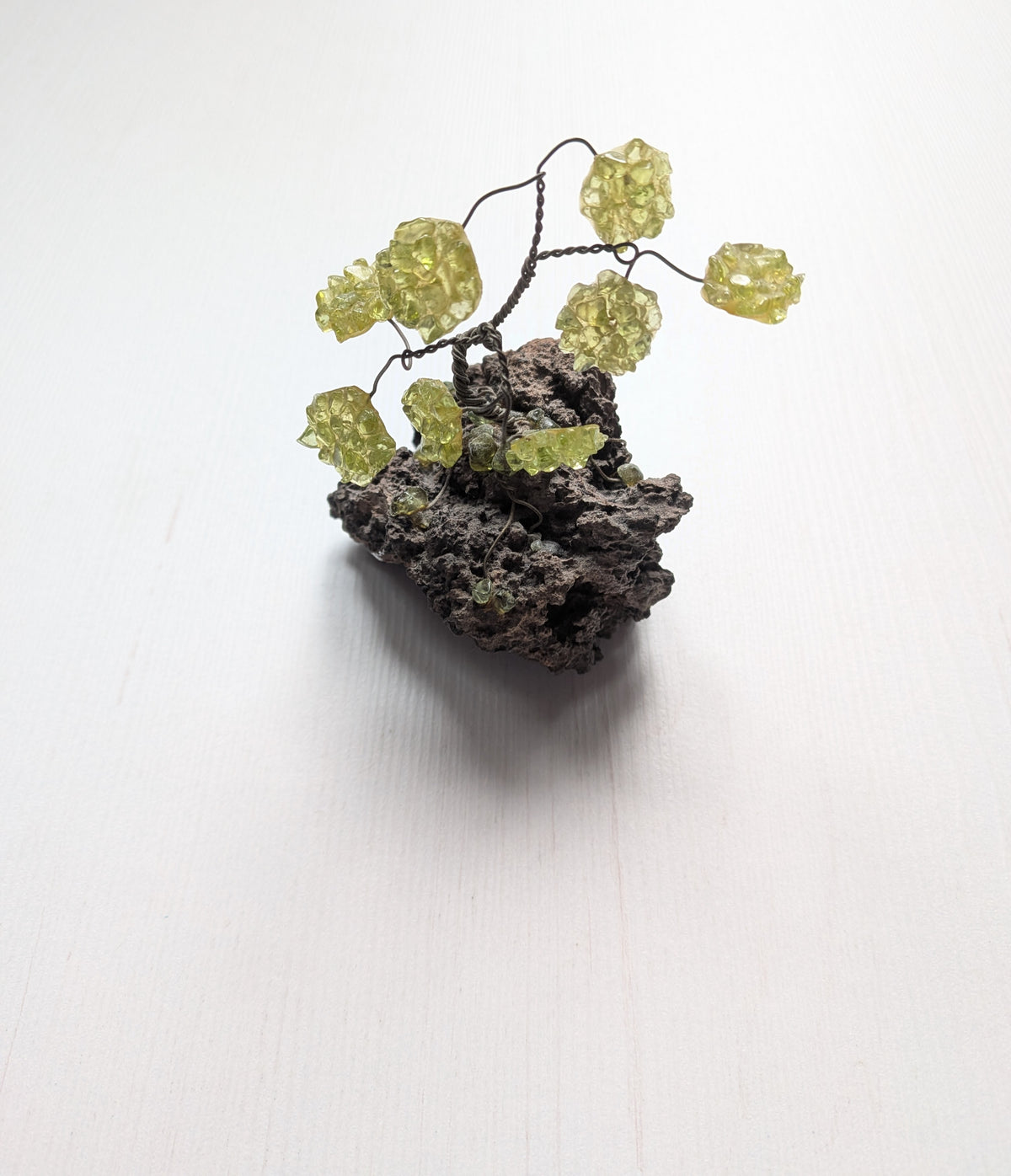 Green Gemstone Miniature Bonsai Wire Sculpture on Rock Base