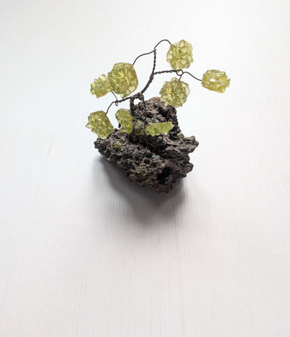 Green Gemstone Miniature Bonsai Wire Sculpture on Rock Base