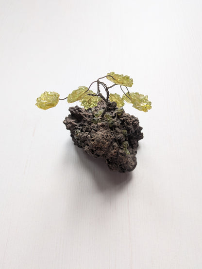 Green Gemstone Miniature Bonsai Wire Sculpture on Rock Base