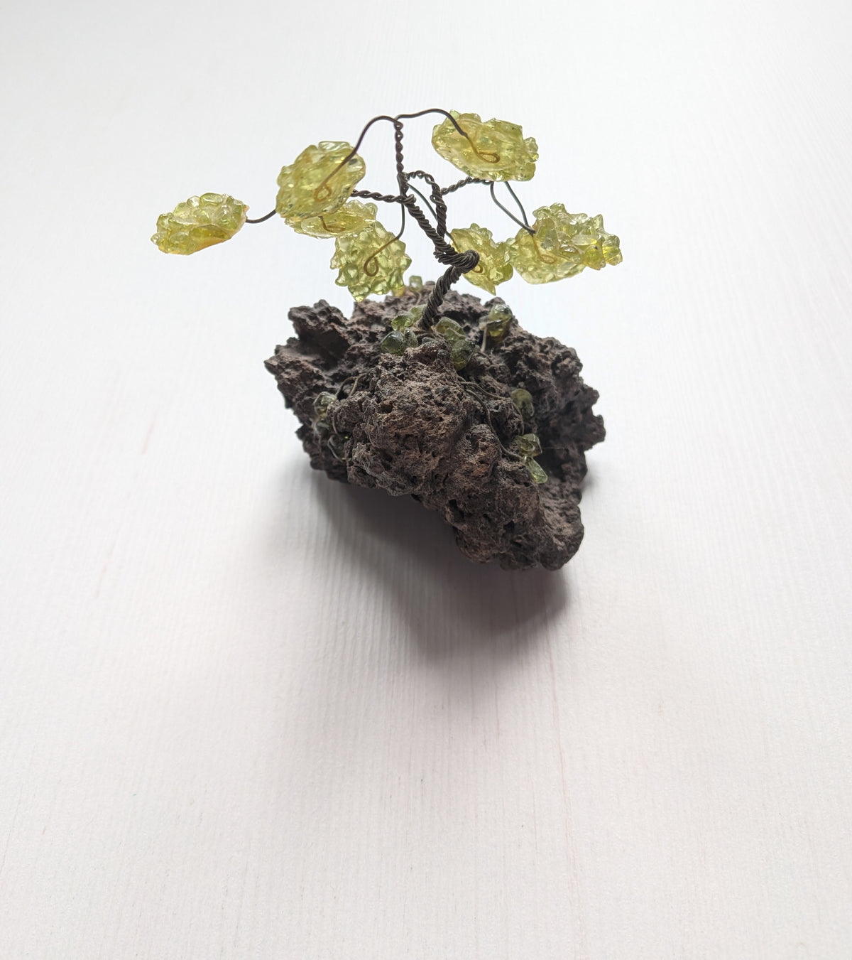 Green Gemstone Miniature Bonsai Wire Sculpture on Rock Base