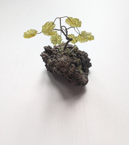Green Gemstone Miniature Bonsai Wire Sculpture on Rock Base