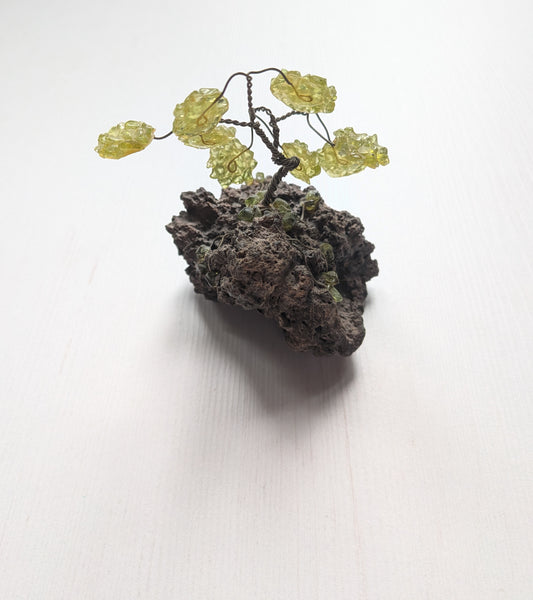 Green Gemstone Miniature Bonsai Wire Sculpture on Rock Base